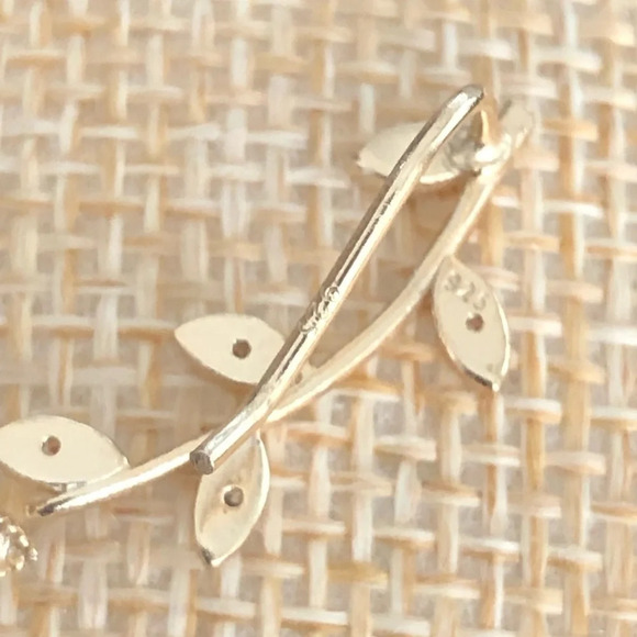 Sterling Silver 925 Gold Vermeil Vine Leaf Delicate Earrings Clear Crystals 3/4” - Picture 2 of 3